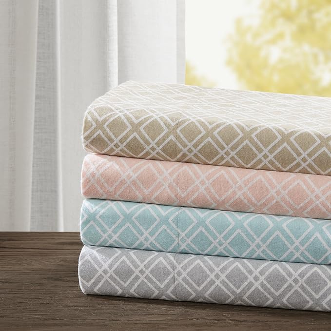 Comfort Spaces Cotton Flannel Breathable Warm Deep Pocket Sheets with Pillow Case Bedding, Queen, Aqua Geo 4 Piece - LeafyLoom