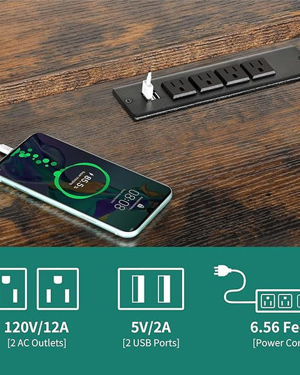 DWVO Computer Desk with Drawers & Hutch, 59.1" Office Desk with Power Outlets & LED Lights, Home Office Desk with Storage Shelves, Rustic Brown - LeafyLoom