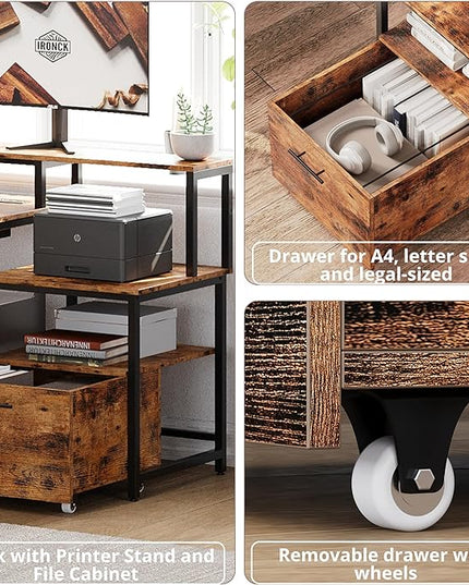 IRONCK L Shaped Computer Desk, 66" Corner Desk with Power Outlet, File Drawer, Keyboard Tray, Riser Monitor Shelf and Storage Bag, Study Writing Table Workstation for Home Office, Vintage Brown - LeafyLoom