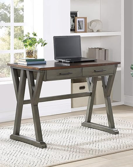 OSP Home Furnishings Jericho Rustic 42 Inch Writing Desk with 2 Drawers and Burnished Decorative Hardware, Slate Gray - LeafyLoom