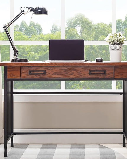 Leick Home 11200 Ironcraft Rustic Writing/Computer Desk with Drop Front Keyboard Drawer, Mission Oak and Black, 22x 46x 30, Brownbronze - LeafyLoom
