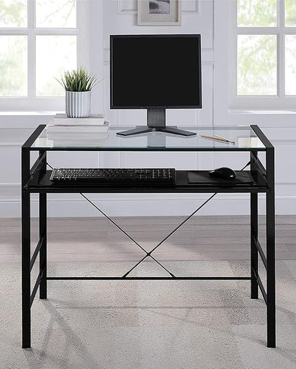 OSP Home Furnishings Zephyr Computer Desk with Keyboard Shelf and Tempered Glass Top, Clear Glass and Black Frame, 36" W x 20" D x 30.25" H - LeafyLoom