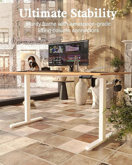 Monomi Electric Standing Desk, 63 x 28 inches Height Adjustable Desk, Ergonomic Home Office Sit Stand Up Desk with Memory Preset Controller (Natural Top/White Frame) - LeafyLoom