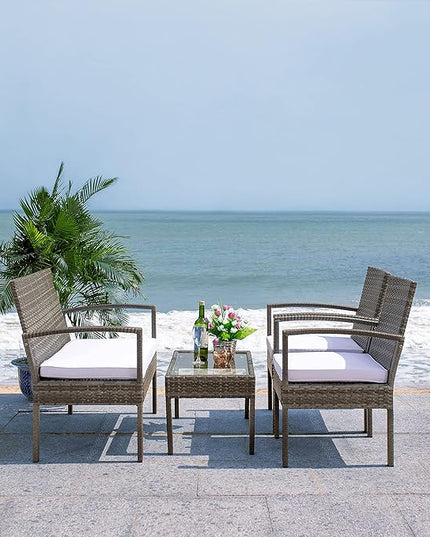 SAFAVIEH Outdoor Collection Bassey Grey Brown/White Cushion 4-Piece Conversation Patio Set PAT7507C - LeafyLoom