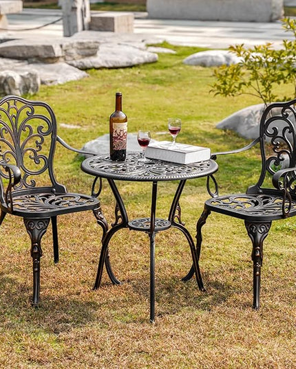 Bistro Set 3 Piece Outdoor Bistro Table and Chair Set of 2 Cast Aluminum Patio Furniture with Umbrella Hole,Patio Bistro Table Sets for Garden,Yard(Brown) - LeafyLoom
