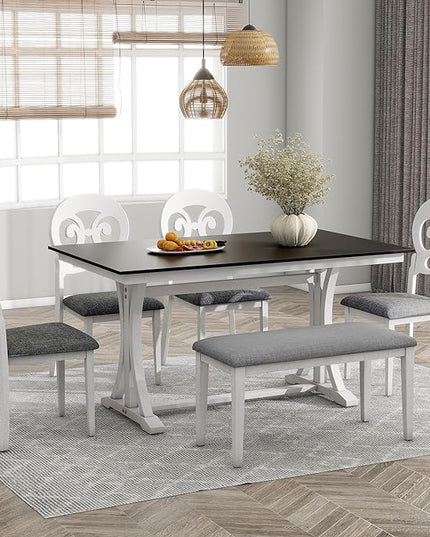 6-Piece Mid-Century Dining Set for 6, Trestle Table and 4 Elegant Victorian Round Back Chairs & Bench, for Kitchen Living Room, Gray+Antique White, 59.8" L x 35.8" W x 30" H - LeafyLoom