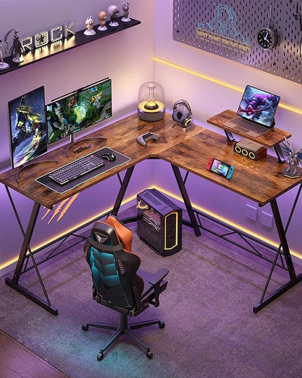 Mr IRONSTONE L Shaped Computer Desk: Corner Desk, Home Office Desk, Gaming Writing Workstation with Large Monitor Stand, Easy to Assemble (Rustic Brown,51 Inch) - LeafyLoom