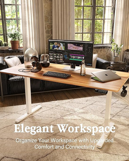 Monomi Electric Standing Desk, 63 x 28 inches Height Adjustable Desk, Ergonomic Home Office Sit Stand Up Desk with Memory Preset Controller (Natural Top/White Frame) - LeafyLoom