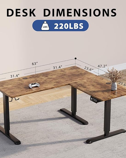 L-Shaped Electric Standing Desk, 63 x 48 Inches Height Adjustable Coner Table, Home Office Computer Workstation, Rustic Brown, 63 x 48 Inch - LeafyLoom