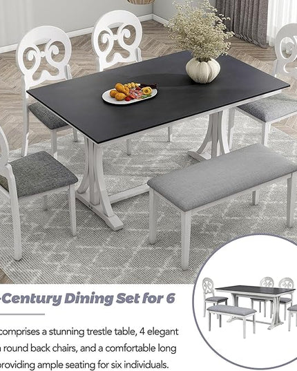 6-Piece Mid-Century Dining Set for 6, Trestle Table and 4 Elegant Victorian Round Back Chairs & Bench, for Kitchen Living Room, Gray+Antique White, 59.8" L x 35.8" W x 30" H - LeafyLoom