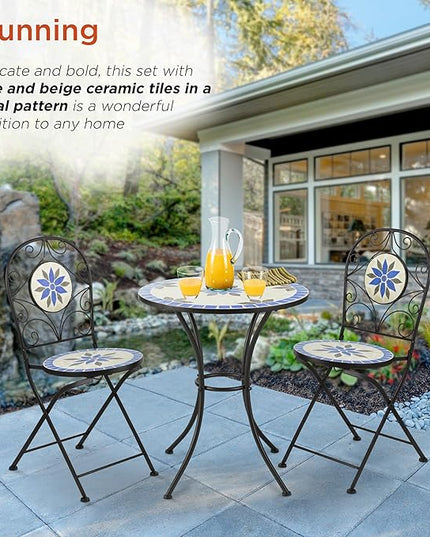 Alpine Corporation Blue and Beige Mosaic Bistro Set, 3-Piece - LeafyLoom