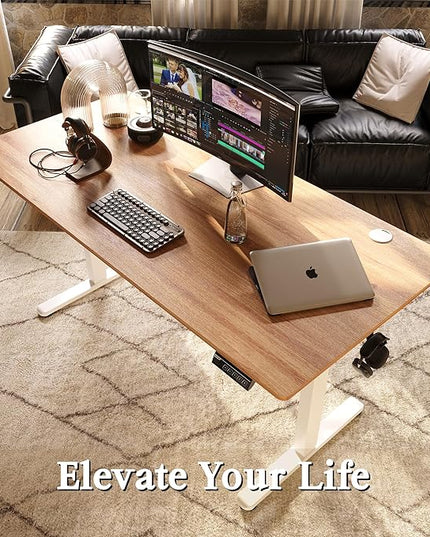 Monomi Electric Standing Desk, 63 x 28 inches Height Adjustable Desk, Ergonomic Home Office Sit Stand Up Desk with Memory Preset Controller (Natural Top/White Frame) - LeafyLoom
