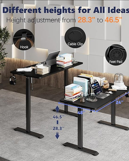 Monomi Electric Height Adjustable Standing Desk, 48x24 Inches, Ergonomic Home Office Sit/Stand Up Desk (Black Steel Frame/Black Top) - LeafyLoom