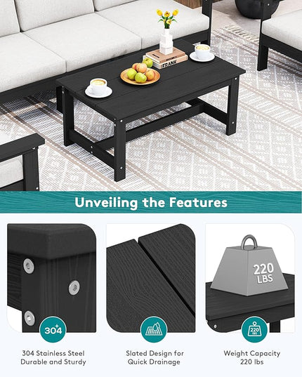 SERWALL HDPE Patio Furniture Set, 1 Pieces Outdoor Sectional Conversation Sofa Set, All Weather Patio Couch Furniture with Coffee Table for Balcony, Deck, Black - LeafyLoom