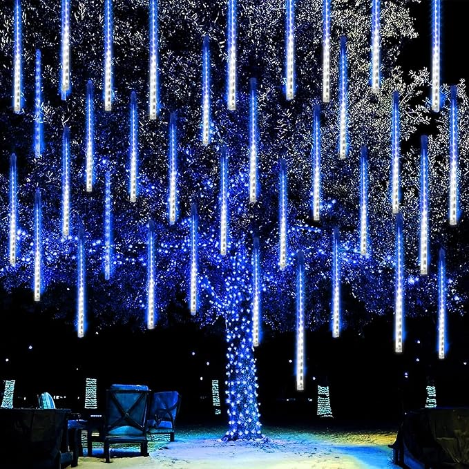 Dazzle Bright 288 LED Christmas Light, 11.8 Inch Meteor Shower Rain Lights with 8 Tubes,Waterproof Plug in Falling Rain Lights Christmas Decorations for Xmas Bushes Tree Yard Party, Blue and White DazzleBright
