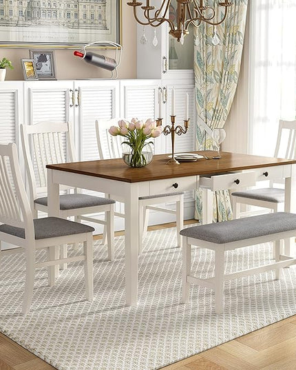 6-Piece Wood Dining Table Set with Drawer, 4 Upholstered Chairs and Bench, for Kitchen, Living Room, Mid-Century Style, Butter Milk, 59" L x 35.4" W x 30.3" H - LeafyLoom