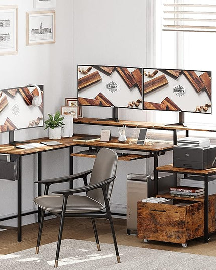 IRONCK L Shaped Computer Desk, 66" Corner Desk with Power Outlet, File Drawer, Keyboard Tray, Riser Monitor Shelf and Storage Bag, Study Writing Table Workstation for Home Office, Vintage Brown - LeafyLoom