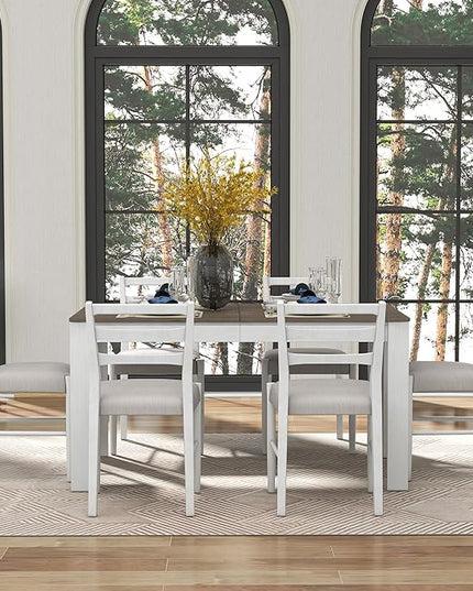 7-Piece Wooden Dinette Sets Mutifunctional Extendable Kitchen Dining Table with 12" Leaf and 2 Drawers, 6 Chairs w/Soft Cushion, for Diningroom Living Room, Easy to Assemble, Brown+White - LeafyLoom