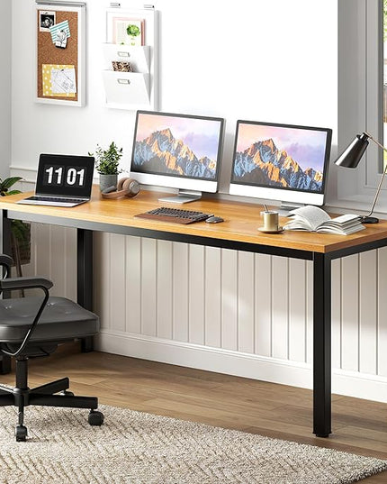 Need 63 Inch Large Computer Desk - Modern Simple Style Home Office Gaming Desk, Basic Writing Table for Study Student, Black Metal Frame, Teak - LeafyLoom