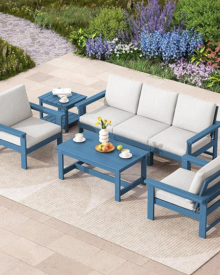 SERWALL HDPE Patio Coversation Set, 7-piece Outdoor Sectional Sofa Set, All Weather Patio Couch Set Patio Furniture for Balcony, Deck, Navy Frame with Khaki Cushion - LeafyLoom
