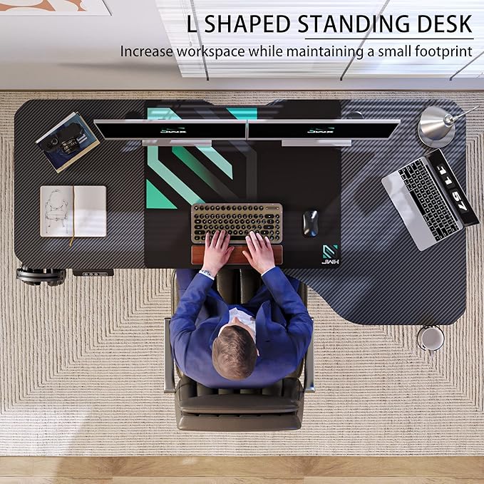 Standing Adjustable Desk, 63 inches L Shaped Electric Standing Gaming Desk with Locking Wheels, Cup Holder, Headphone Hook, Cable Manager, Mouse pad, Carbon Fiber Textured Pane - LeafyLoom