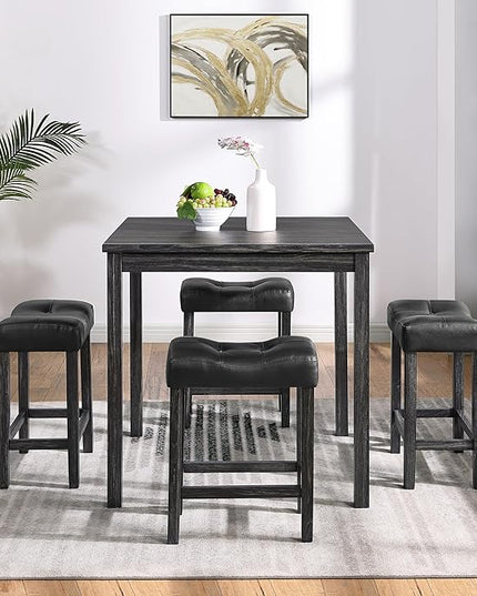 RITSU 5 Piece Industrial Bistro Dining Set, Square Breakfast Table + 4 Upholstered Stools, for Living, Small Apartment, Kitchen, Farmhouse, Game Room, Black - LeafyLoom