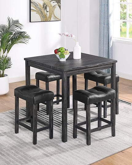 RITSU 5 Piece Industrial Bistro Dining Set, Square Breakfast Table + 4 Upholstered Stools, for Living, Small Apartment, Kitchen, Farmhouse, Game Room, Black - LeafyLoom