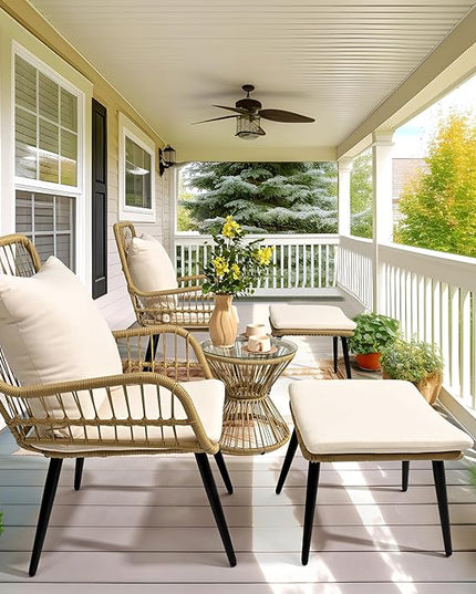 Pamapic Outdoor Patio Bistro Set with Ottoman 5 Piece Rattan Wicker Conversation Chair Sets Balcony Furniture Chairs for Yard Garden Porch Backyard Poolside, Beige - LeafyLoom