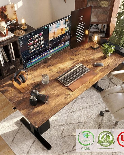 Monomi Electric Standing Desk, 63 x 28 inches Height Adjustable Desk, Ergonomic Home Office Sit Stand Up Desk with Memory Preset Controller (Rustic Brown Top/Black Frame) - LeafyLoom