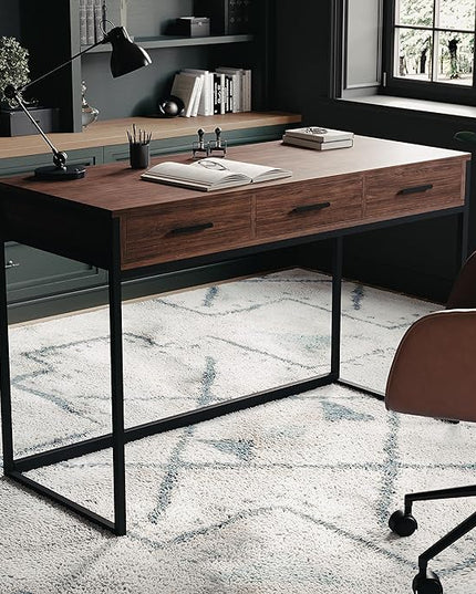 Martha Stewart Ollie Home Office Desk with 3 Drawers in Walnut Wood Grain with Oil Rubbed Bronze Hardware - LeafyLoom