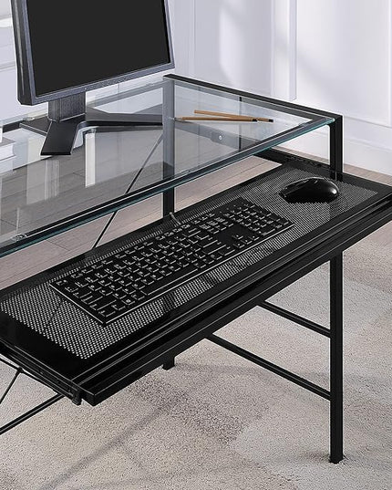 OSP Home Furnishings Zephyr Computer Desk with Keyboard Shelf and Tempered Glass Top, Clear Glass and Black Frame, 36" W x 20" D x 30.25" H - LeafyLoom