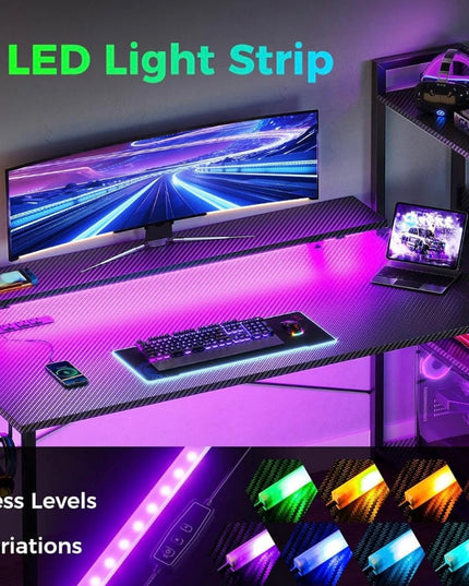 Gaming Desk with Power Outlets & Music Strip Lights,47In Reversible Computer Desk with Storages Shelves,Wooden Drawer& CPU Stand, PC Laptop Table with Large Monitor Stand for Home Office TREETALK