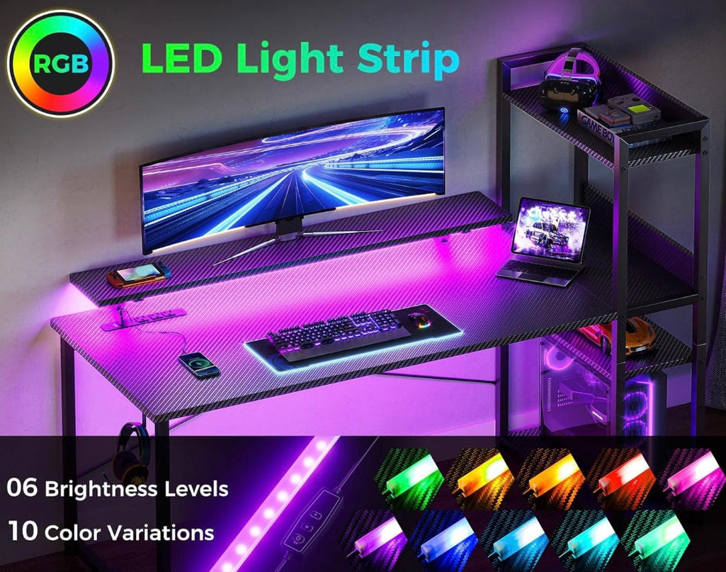 Gaming Desk with Power Outlets & Music Strip Lights,47In Reversible Computer Desk with Storages Shelves,Wooden Drawer& CPU Stand, PC Laptop Table with Large Monitor Stand for Home Office TREETALK