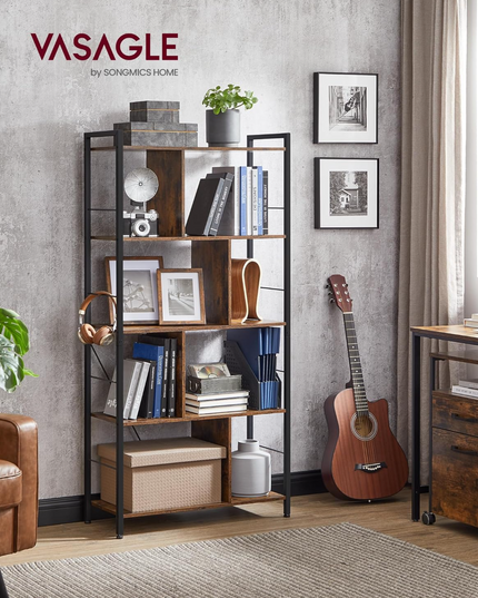 VASAGLE Bookshelf, 5-Tier Bookcase, Storage Shelving Unit, Display Shelf with Open Compartments for Living Room, Home Office, Bedroom, Industrial, Rustic Brown and Black ULBC121B01