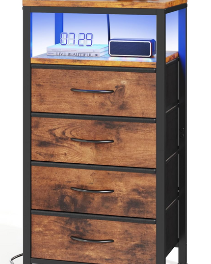 Sweetcrispy Nightstand with Charging Station, Bedside End Table with 4 Fabric Drawers, USB & Type-C Ports with AC Outlets, Adjustable Feet & Dimmable LED Light Strip, Modern Bedroom Furniture, Brown - LeafyLoom