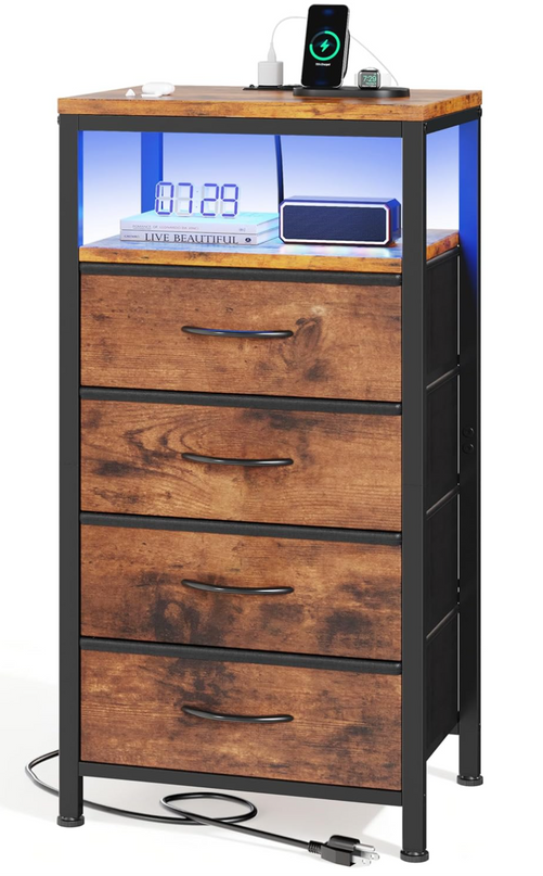 Sweetcrispy Nightstand with Charging Station, Bedside End Table with 4 Fabric Drawers, USB & Type-C Ports with AC Outlets, Adjustable Feet & Dimmable LED Light Strip, Modern Bedroom Furniture, Brown - LeafyLoom