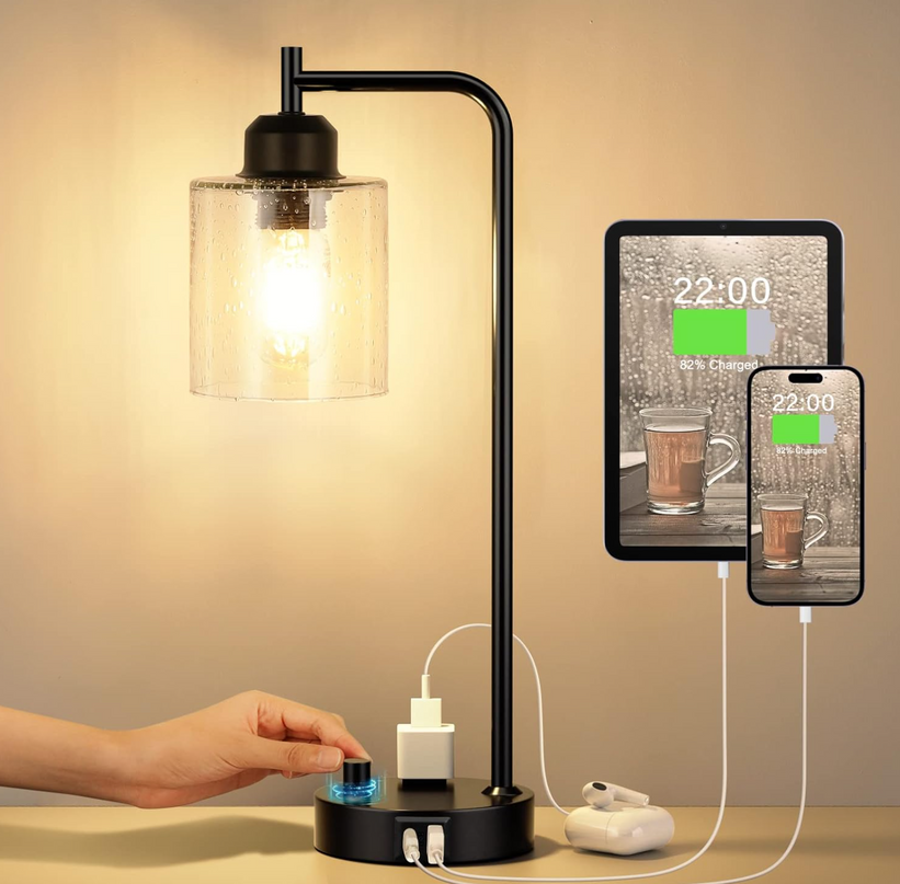 Touch Control Table Lamp 3-Way Dimmable Modern Bedside Nightstand Lamp with USB Type C Port 1 AC Outlet Desk Lamp with Seeded Glass Shade for Children Office Dorm, Bulb Included TableLamp