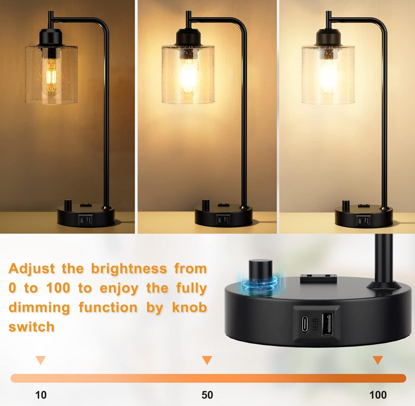 Touch Control Table Lamp 3-Way Dimmable Modern Bedside Nightstand Lamp with USB Type C Port 1 AC Outlet Desk Lamp with Seeded Glass Shade for Children Office Dorm, Bulb Included TableLamp