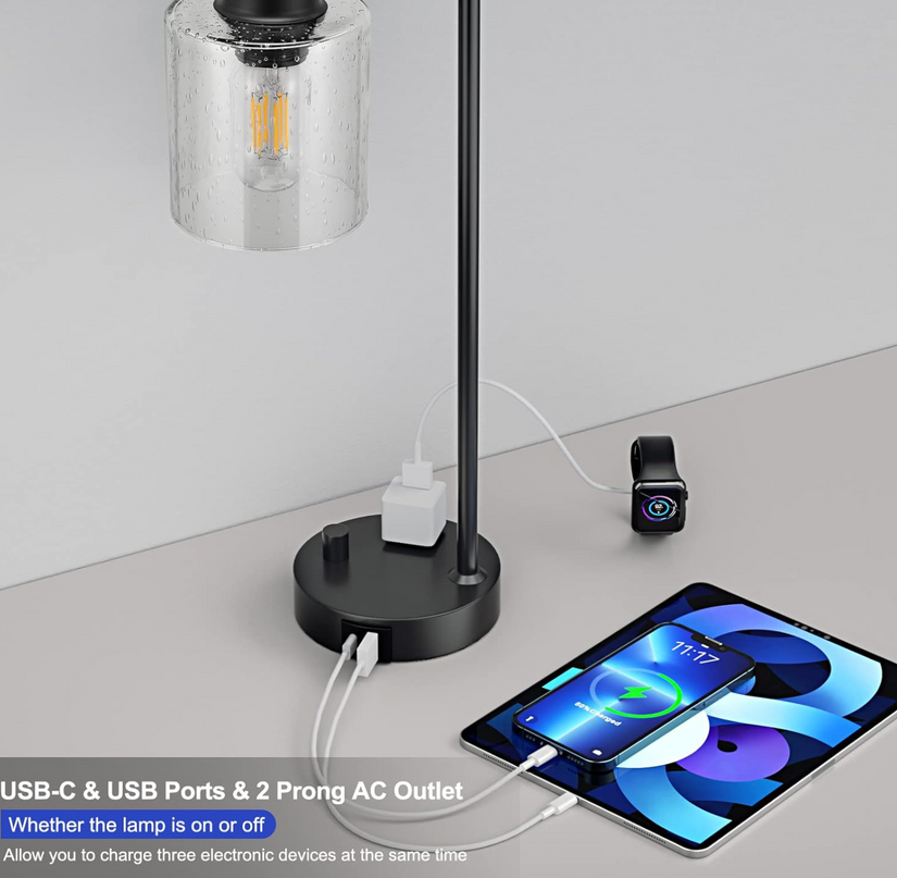 Touch Control Table Lamp 3-Way Dimmable Modern Bedside Nightstand Lamp with USB Type C Port 1 AC Outlet Desk Lamp with Seeded Glass Shade for Children Office Dorm, Bulb Included TableLamp