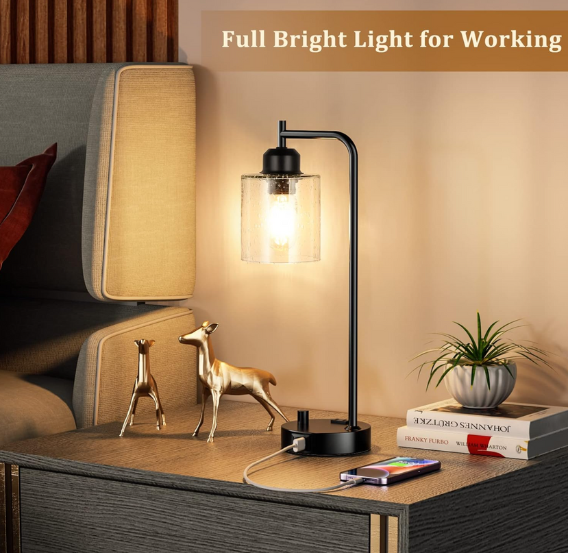 Touch Control Table Lamp 3-Way Dimmable Modern Bedside Nightstand Lamp with USB Type C Port 1 AC Outlet Desk Lamp with Seeded Glass Shade for Children Office Dorm, Bulb Included TableLamp