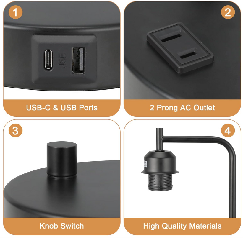 Touch Control Table Lamp 3-Way Dimmable Modern Bedside Nightstand Lamp with USB Type C Port 1 AC Outlet Desk Lamp with Seeded Glass Shade for Children Office Dorm, Bulb Included TableLamp