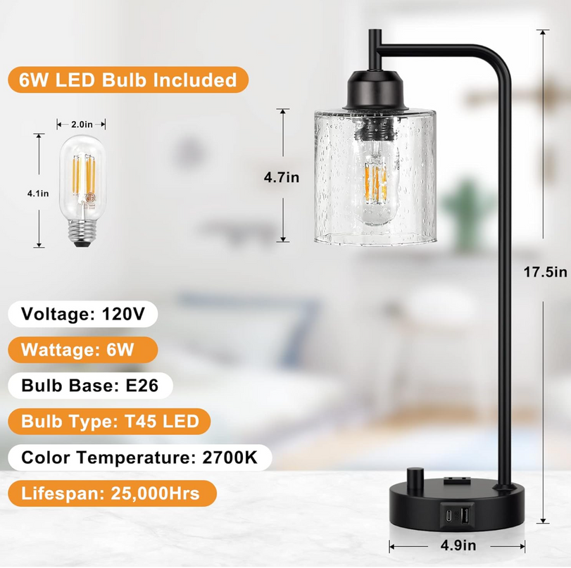 Touch Control Table Lamp 3-Way Dimmable Modern Bedside Nightstand Lamp with USB Type C Port 1 AC Outlet Desk Lamp with Seeded Glass Shade for Children Office Dorm, Bulb Included TableLamp