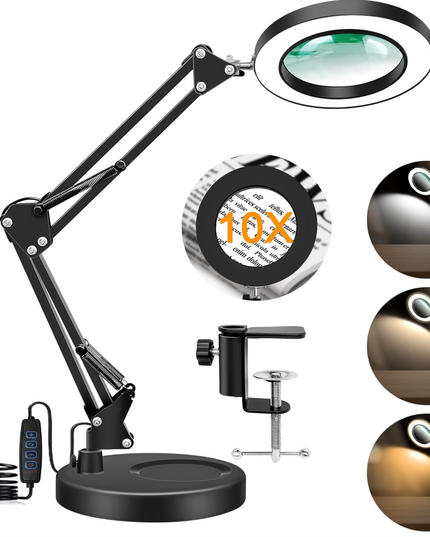 10X Magnifying Glass with Light Hand Free, HITTI 3 Color Stepless Dimmable Magnifying Lamp, 2-in-1 LED Lighted Deak Lamp & Clamp, Magnifier with Light and Stand for Craft Hobby Reading Close Workbench HITTI