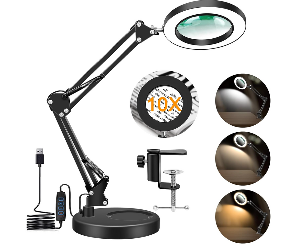 10X Magnifying Glass with Light Hand Free, HITTI 3 Color Stepless Dimmable Magnifying Lamp, 2-in-1 LED Lighted Deak Lamp & Clamp, Magnifier with Light and Stand for Craft Hobby Reading Close Workbench HITTI
