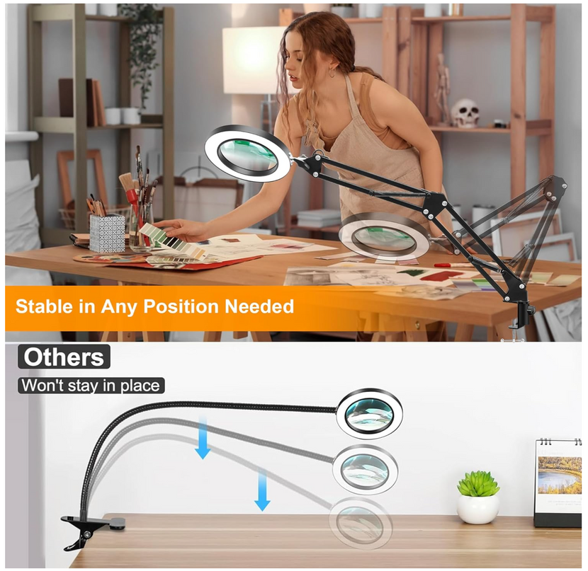 10X Magnifying Glass with Light Hand Free, HITTI 3 Color Stepless Dimmable Magnifying Lamp, 2-in-1 LED Lighted Deak Lamp & Clamp, Magnifier with Light and Stand for Craft Hobby Reading Close Workbench HITTI