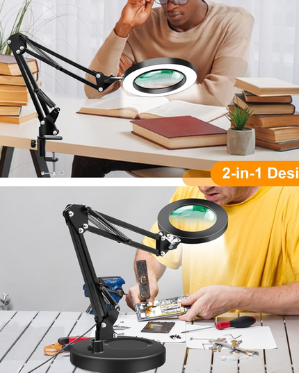 10X Magnifying Glass with Light Hand Free, HITTI 3 Color Stepless Dimmable Magnifying Lamp, 2-in-1 LED Lighted Deak Lamp & Clamp, Magnifier with Light and Stand for Craft Hobby Reading Close Workbench HITTI