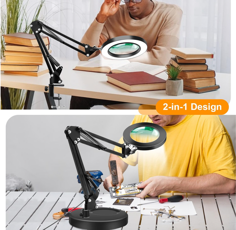 10X Magnifying Glass with Light Hand Free, HITTI 3 Color Stepless Dimmable Magnifying Lamp, 2-in-1 LED Lighted Deak Lamp & Clamp, Magnifier with Light and Stand for Craft Hobby Reading Close Workbench HITTI