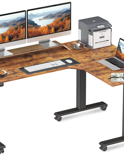 FEZIBO 75 Inches, Supports over 300mlbs, L Shaped Standing Desk Reversible, Electric Height Adjustable Corner Stand up Desk, Sit Stand Desk Computer Workstation, White Frame/Light Rustic Brown Top FEZIBO