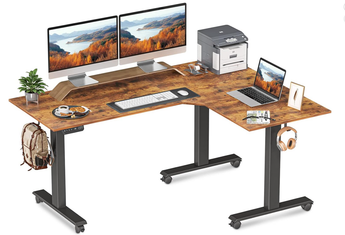 FEZIBO 75 Inches, Supports over 300mlbs, L Shaped Standing Desk Reversible, Electric Height Adjustable Corner Stand up Desk, Sit Stand Desk Computer Workstation, White Frame/Light Rustic Brown Top FEZIBO