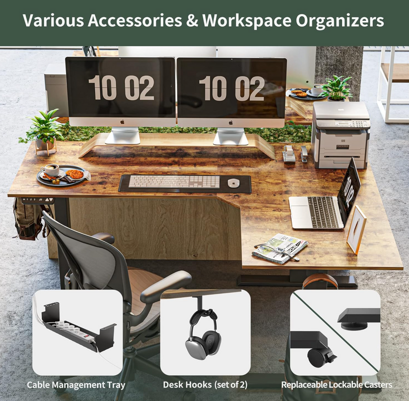 FEZIBO 75 Inches, Supports over 300mlbs, L Shaped Standing Desk Reversible, Electric Height Adjustable Corner Stand up Desk, Sit Stand Desk Computer Workstation, White Frame/Light Rustic Brown Top FEZIBO